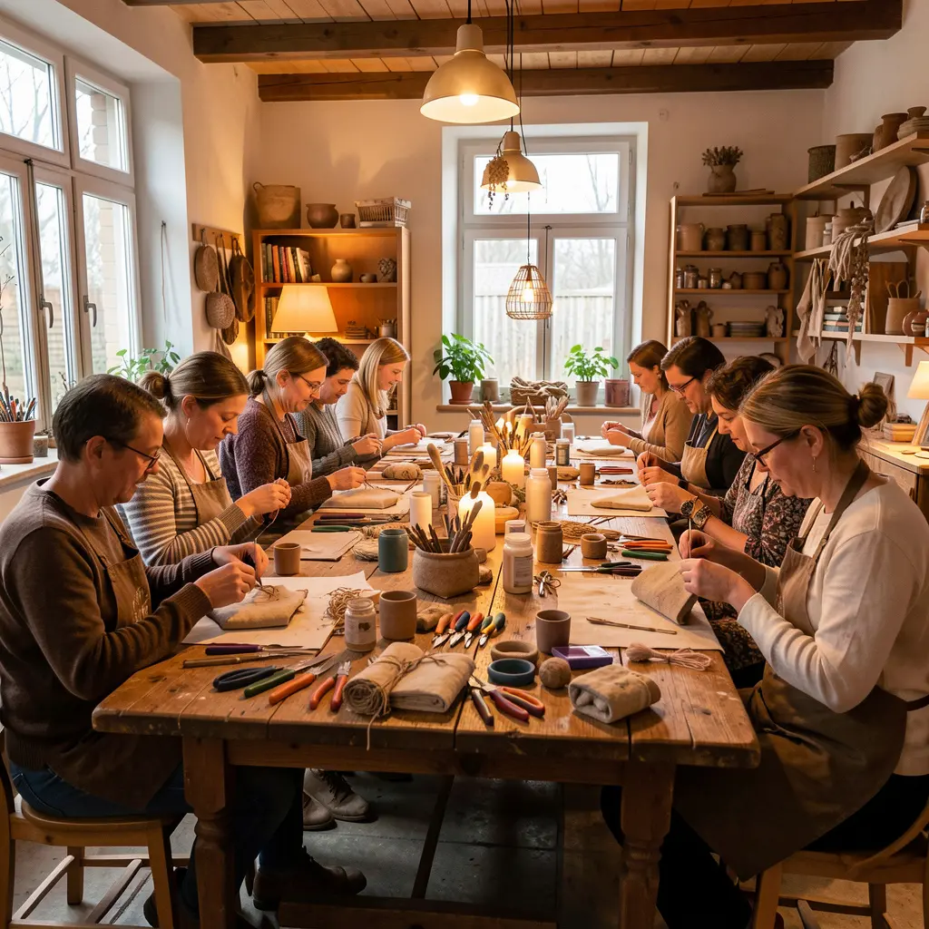 Creatieve workshop met deelnemers die handwerk maken