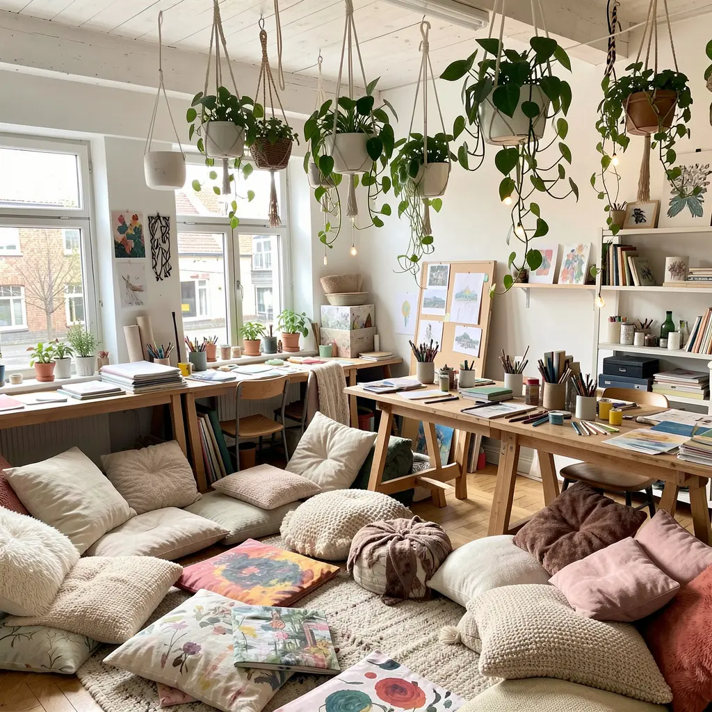 Gezellige workshop ruimte met creatieve materialen